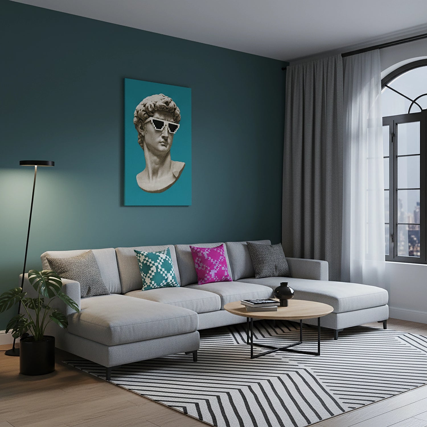 Çerçevesiz kanvas tablo, klasik mermer heykel büstü ve piksel tarzı güneş gözlüğü detayıyla modern pop art estetiği sunan eğlenceli duvar dekoru tasarımıdır. Yüksek çözünürlüklü baskı kalitesi sağlayan FabricUp dijital baskı, estetik ve premium dekorasyon için idealdir.