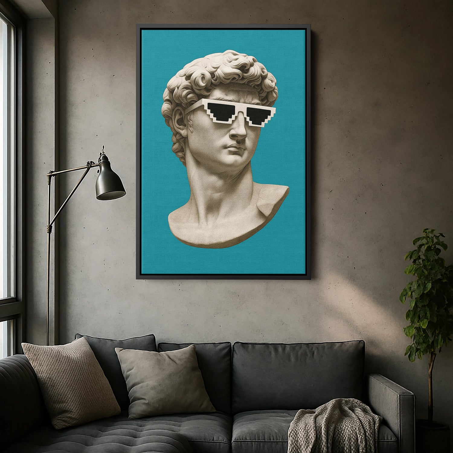 Siyah çerçeveli kanvas tablo, turkuaz zemin üzerinde antik heykel portresi ve retro piksel gözlük detayıyla güçlü kontrast yaratan dekoratif duvar dekoru sunar. FabricUp dijital baskı teknolojisi ile yüksek çözünürlüklü, net ve canlı renklerde modern kanvas tablo deneyimi sağlar.