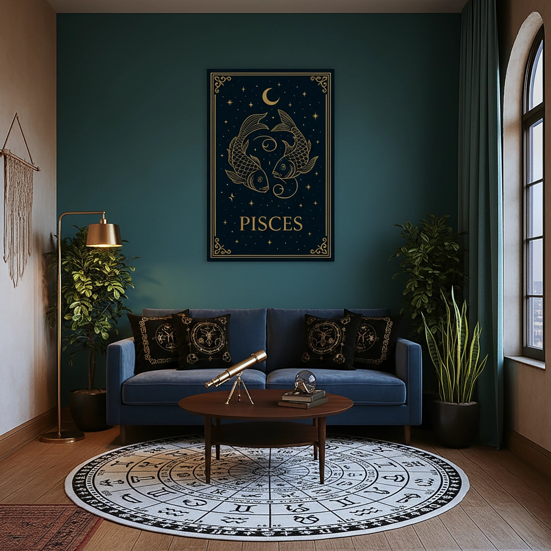 Çerçevesiz kanvas tablo olarak tasarlanan bu Pisces burcu duvar dekoru, siyah zemin üzerinde altın balık sembolleri, ay ve yıldız motifleriyle mistik ve huzurlu bir atmosfer sunar. Astroloji temalı modern dekorasyonlar için yüksek çözünürlüklü FabricUp dijital baskı sanat eseridir.