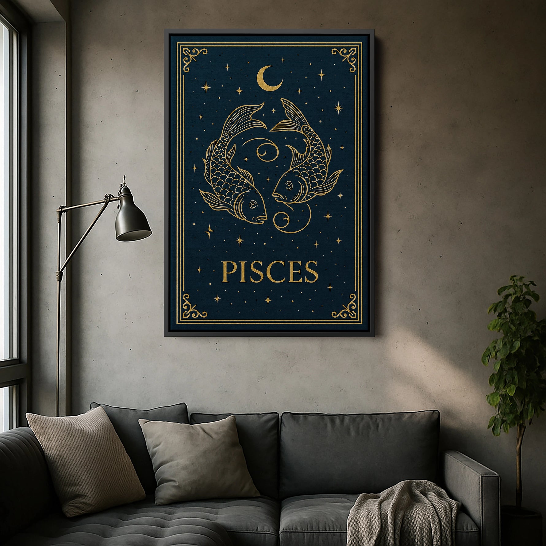 Siyah çerçeveli kanvas tablo versiyonunda koyu çerçeve kontrastı, altın çizgili Pisces illüstrasyonunu daha güçlü ve etkileyici gösterir. Salon, ofis ve stüdyo duvarlarında sofistike bir odak noktası oluşturan premium kalitede FabricUp burç temalı dekoratif tablo tasarımıdır.