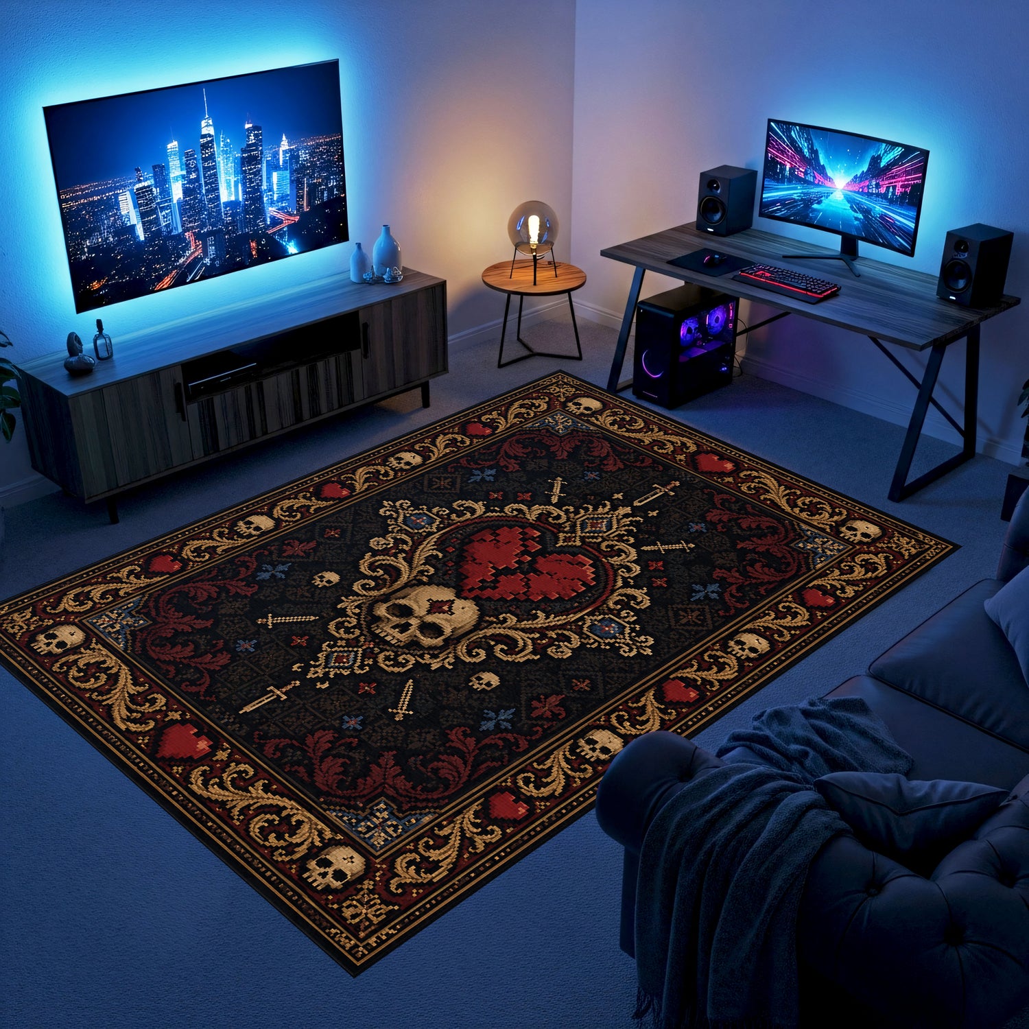 Pixel Kalp Kurukafa Gaming Halısı | Gothic Barok Kırmızı Siyah Desen