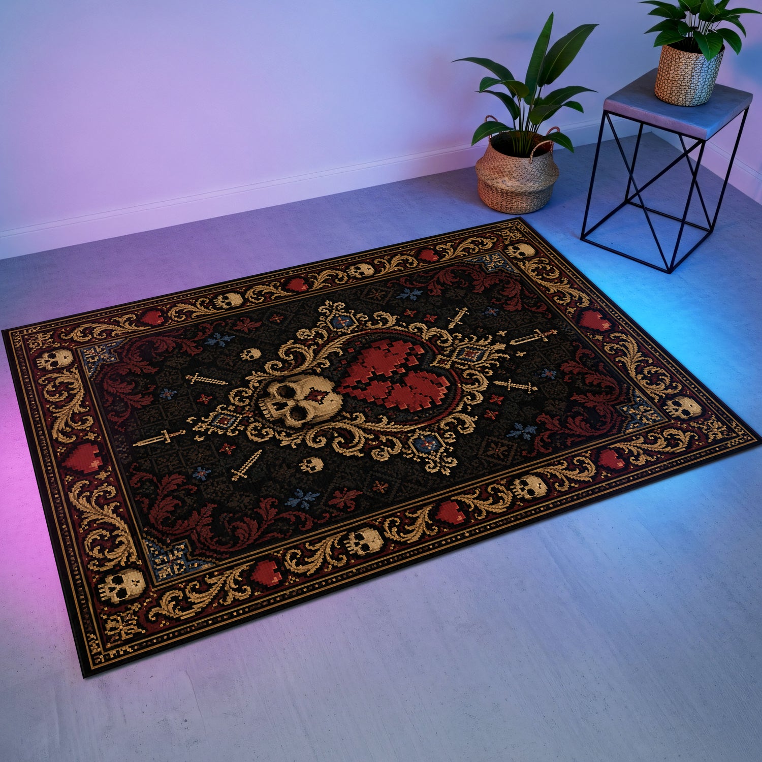 Pixel Kalp Kurukafa Gaming Halısı | Gothic Barok Kırmızı Siyah Desen