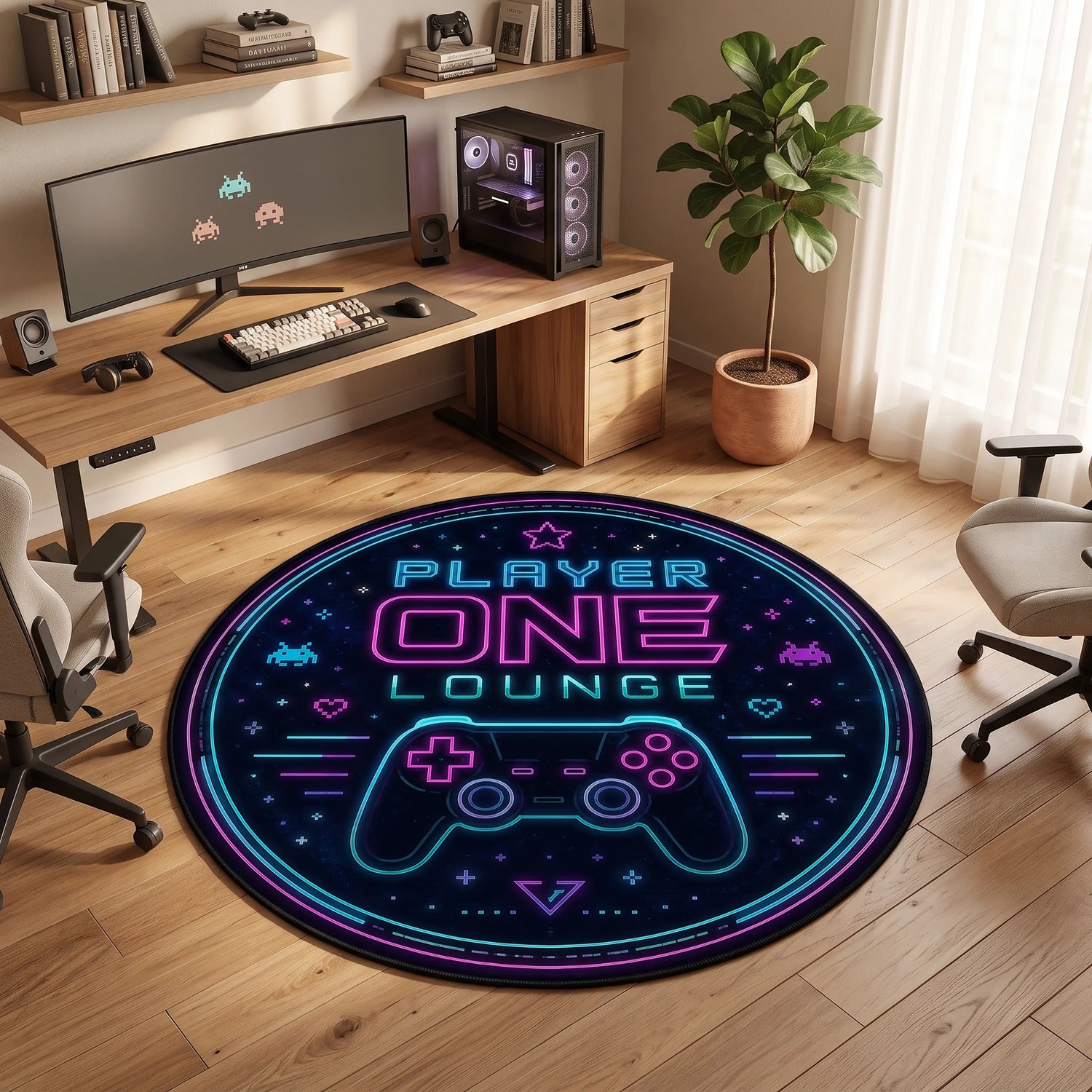 Player One Lounge Halı – Gaming & Pixel Siyah Zemin Yuvarlak Desenli