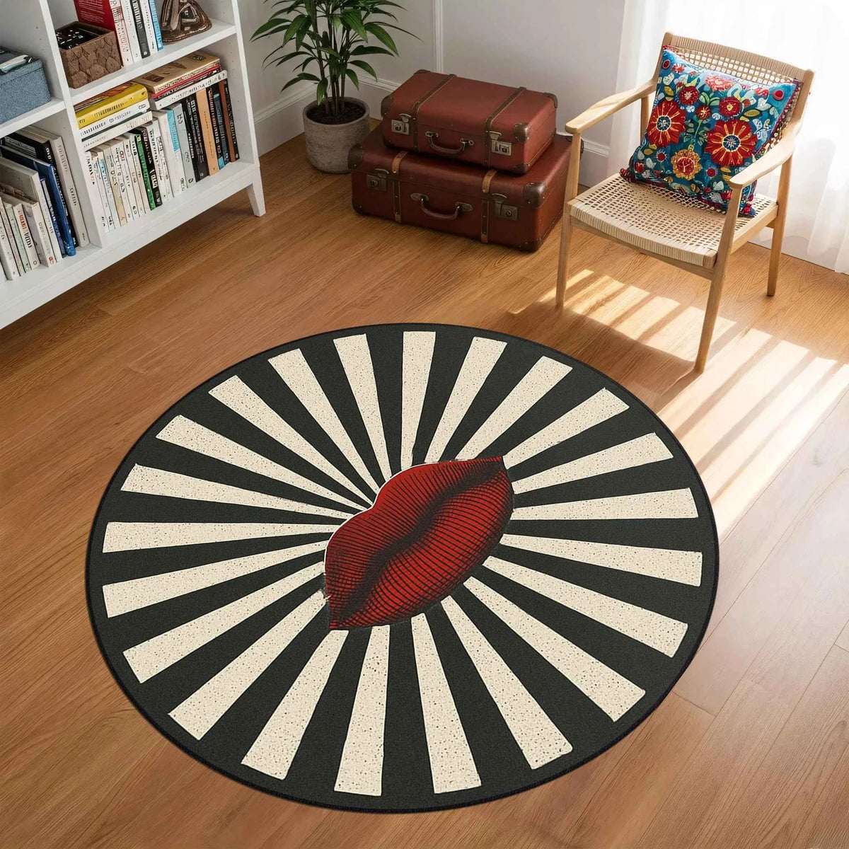 Kırmızı Dudak ve Işın Desenli Pop-Art Yuvarlak Sanatsal Halı