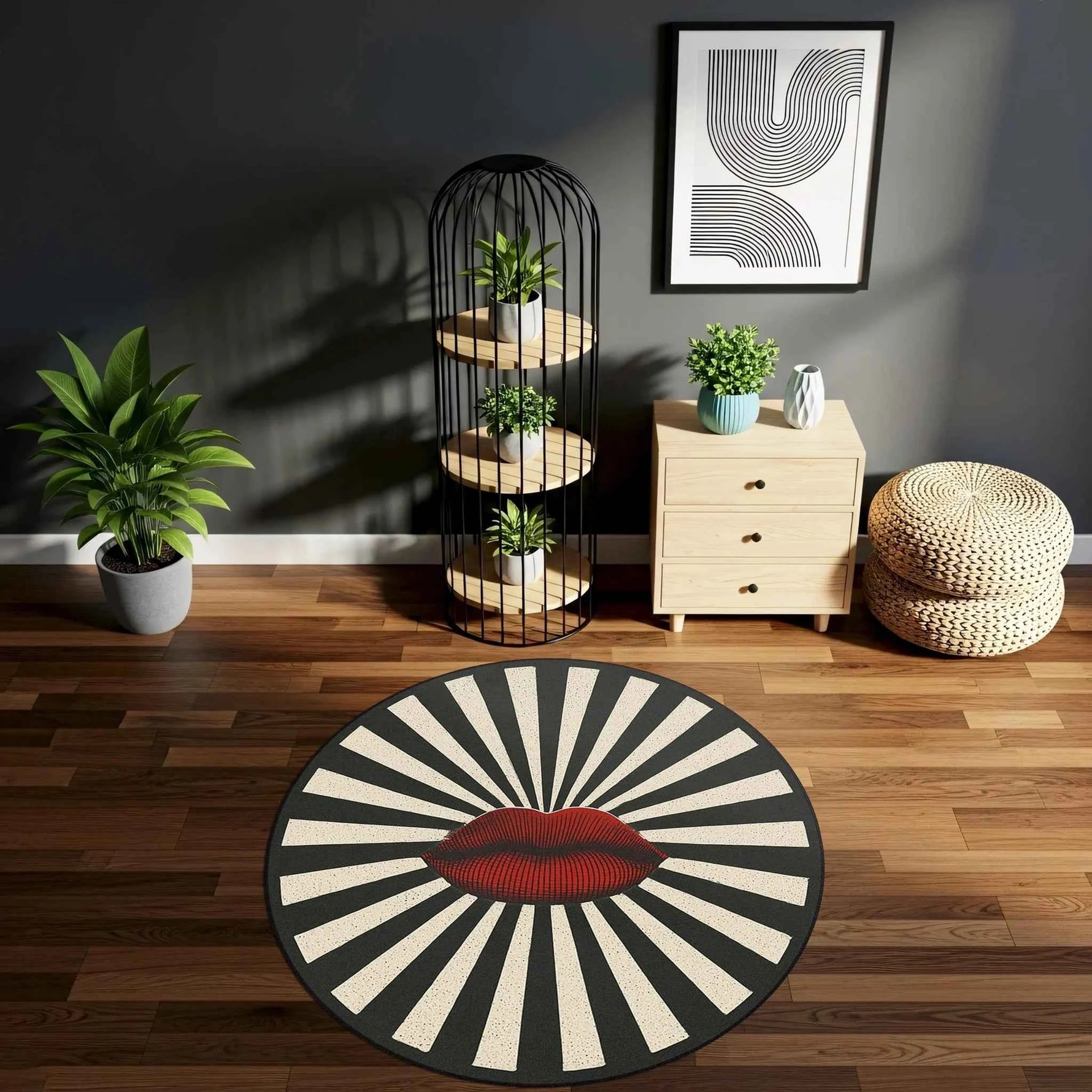 Kırmızı Dudak ve Işın Desenli Pop-Art Yuvarlak Sanatsal Halı