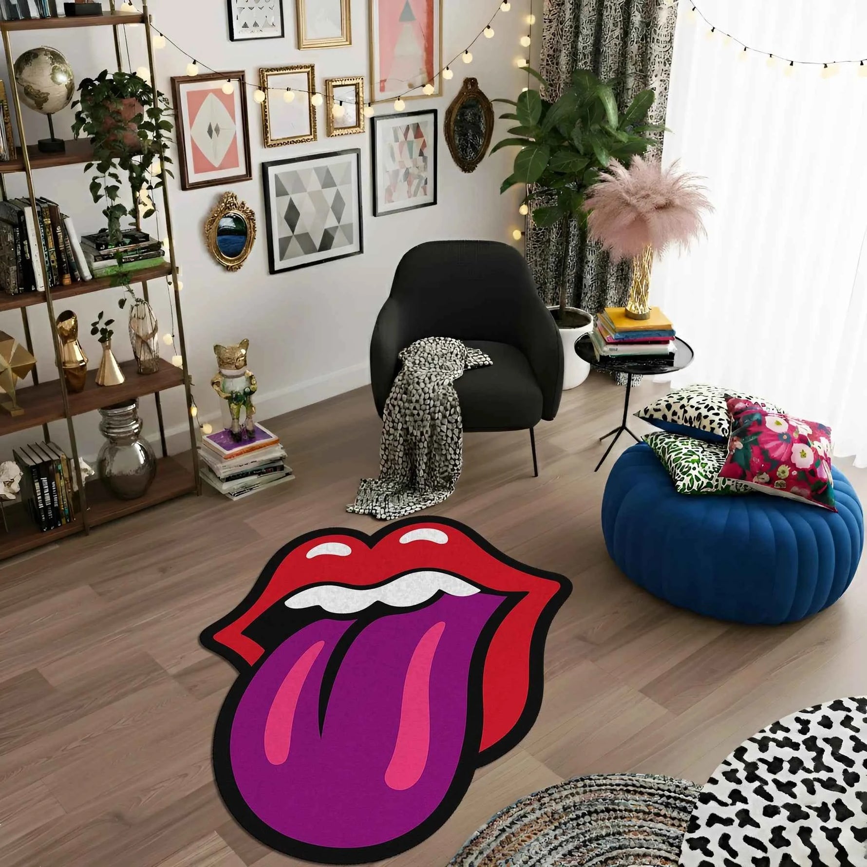 Mor Dil ve Kırmızı Dudak Figürlü Pop-Art Tasarım Halı
