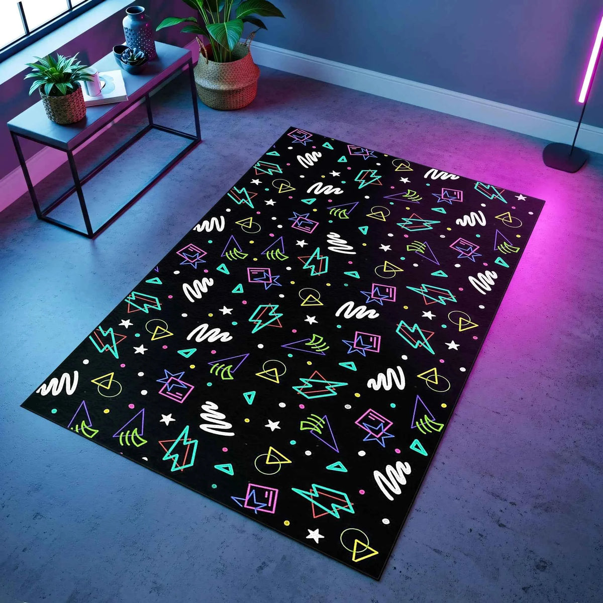 Renkli Geometrik Figürlü Siyah Gamer Halısı