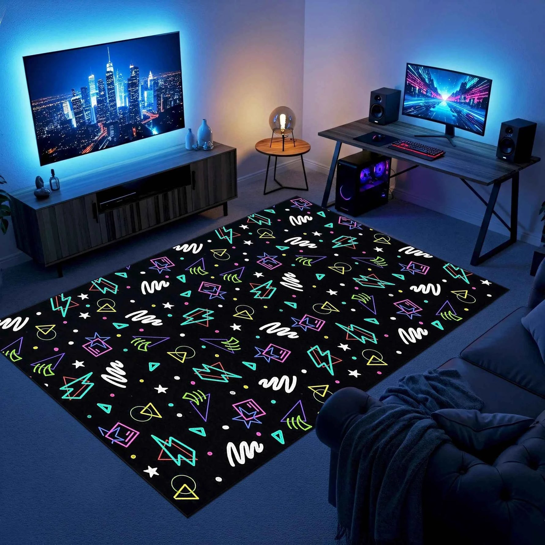 Renkli Geometrik Figürlü Siyah Gamer Halısı