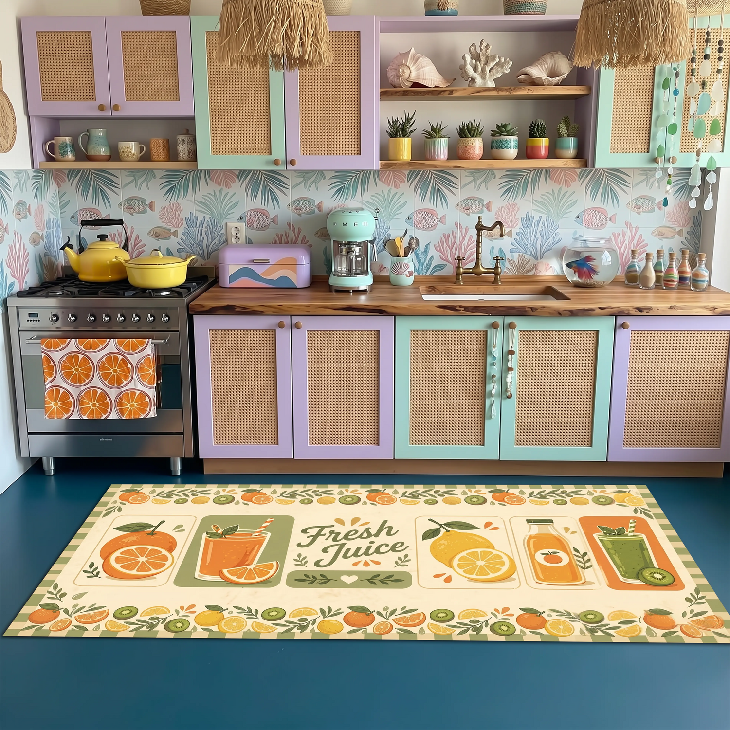 Fresh Juice Mutfak Halısı – Portakal Limon Kivi Desenli Halı