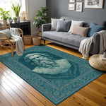 Merkez alanında antik Yunan-Roma estetiğinde betimlenmiş sakallı erkek heykel portresi yer alan petrol yeşili, turkuaz dekoratif halı; taş doku etkili illüstrasyon, derin gölgelendirme, çevresinde ince işlenmiş ornamental çerçeve yapısı.