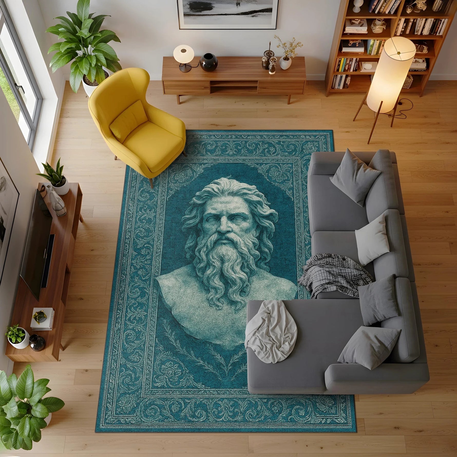 Petrol yeşili zemin üzerinde merkezde uzun sakallı antik erkek heykel büstü figürü bulunan sanatsal halı; mermer heykel dokusu hissi veren yüz ve sakal detayları, simetrik floral ve yaprak motifli klasik bordür, dengeli ve zamansız kompozisyon.