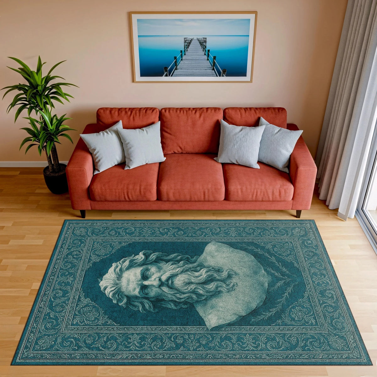 turkuaz ağırlıklı zemin üzerinde klasik heykel stilinde sakallı erkek büstü figürü bulunan sanatsal halı; güçlü yüz ifadesi, detaylı sakal dokusu, simetrik bitkisel motiflerle çevrili geleneksel bordür tasarımı.