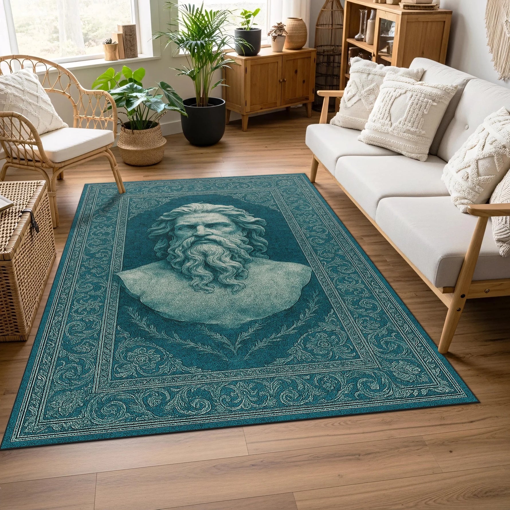 Merkezde antik filozof heykelini andıran sakallı erkek portresi bulunan, turkuaz zeminli klasik stil halı; mermer hissi veren yüzey dokusu, dengeli simetri, zarif floral desenler ve sanatsal yüzey düzeni.