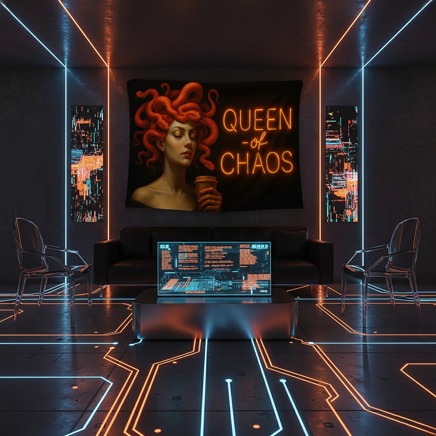 Medusa temalı portre tasarımına sahip FabricUp duvar örtüsü, turuncu yılan saç detayları ve neon “Queen of Chaos” yazısıyla modern, asi ve dikkat çekici bir dekor sunar. Yüksek çözünürlüklü dijital baskı sayesinde renkler parlak, çizgiler net ve uzun ömürlüdür.