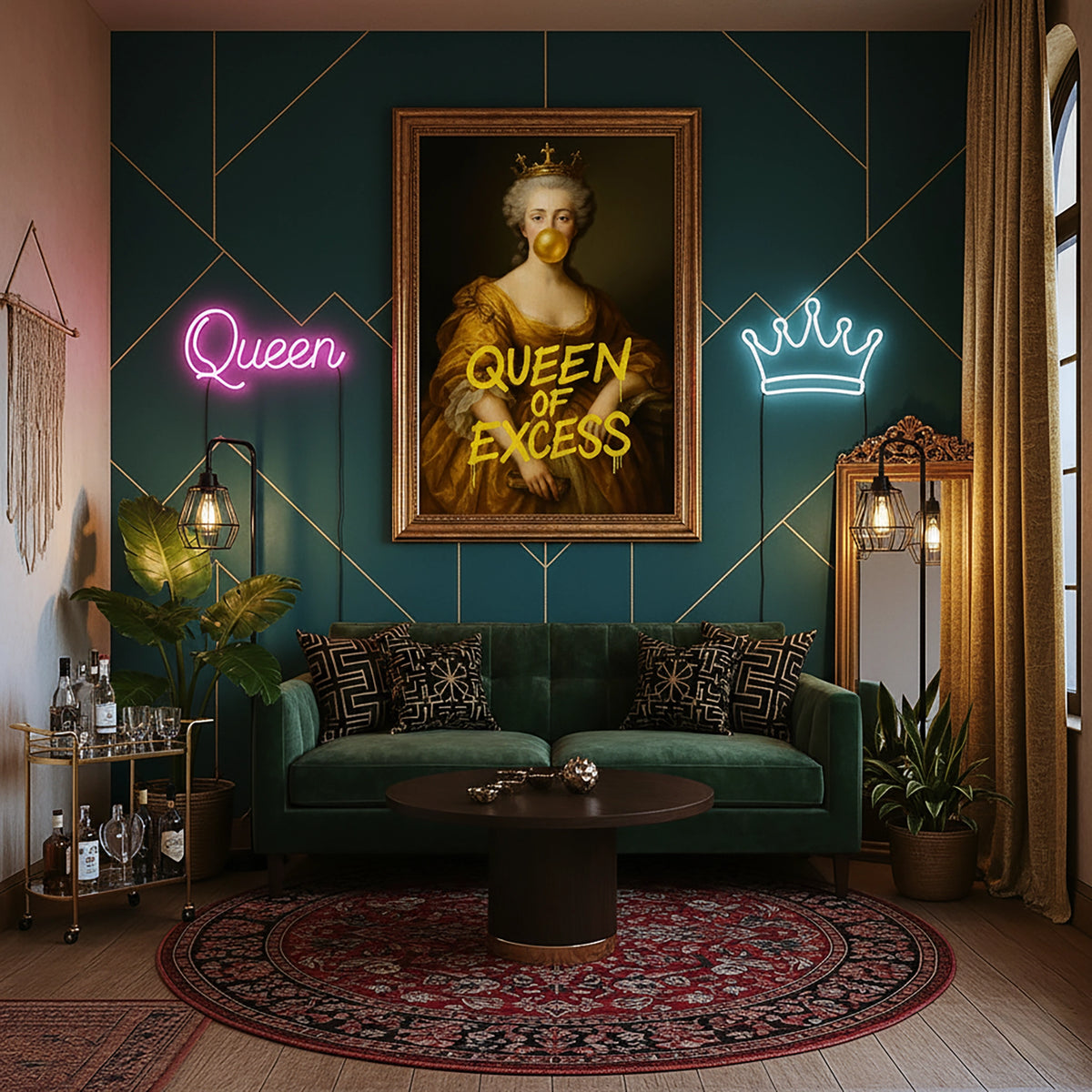 Çerçevesiz kanvas tablo, klasik kraliçe portresi ve QUEEN OF EXCESS tipografisiyle tasarlanmış modern pop art duvar dekoru sunar. Yüksek çözünürlüklü FabricUp dijital baskı kalitesi sayesinde estetik, premium ve dikkat çekici modern dekorasyon için güçlü bir sanat eseri alternatifidir.