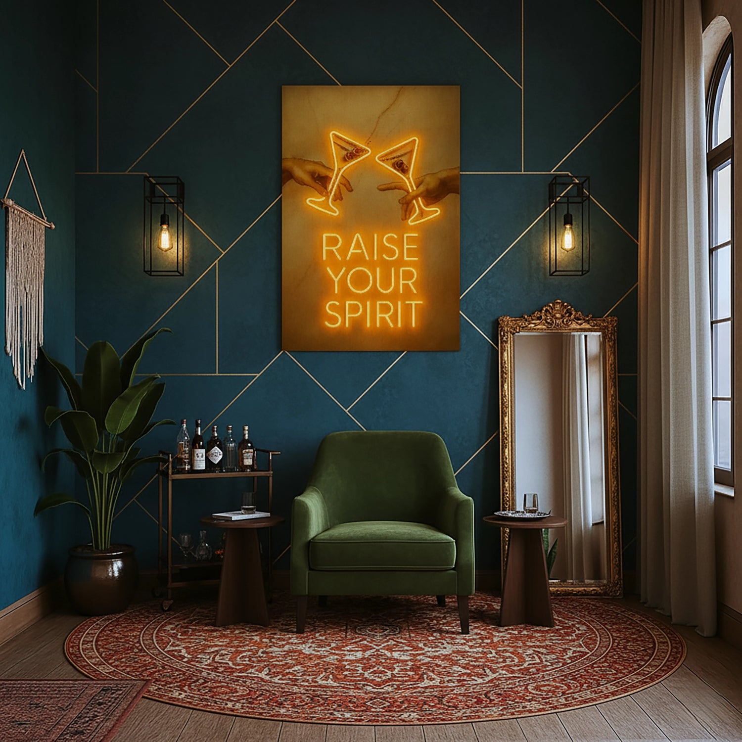 Neon ışık efektiyle oluşturulmuş iki kokteyl kadehi ve “Raise Your Spirit” yazılı modern tipografi kompozisyonu, çerçevesiz kanvas tablo olarak bar dekorasyonu, mutfak ve genç yaşam alanları için enerjik bir atmosfer sunar. Sıcak sarı ve turuncu tonlar, koyu zemin üzerinde güçlü kontrast oluşturarak yüksek çözünürlüklü baskı kalitesiyle net ve canlı görünür. Eğlence, motivasyon ve gece hayatı temasını yansıtan bu sanatsal tasarım FabricUp koleksiyonuna aittir.
