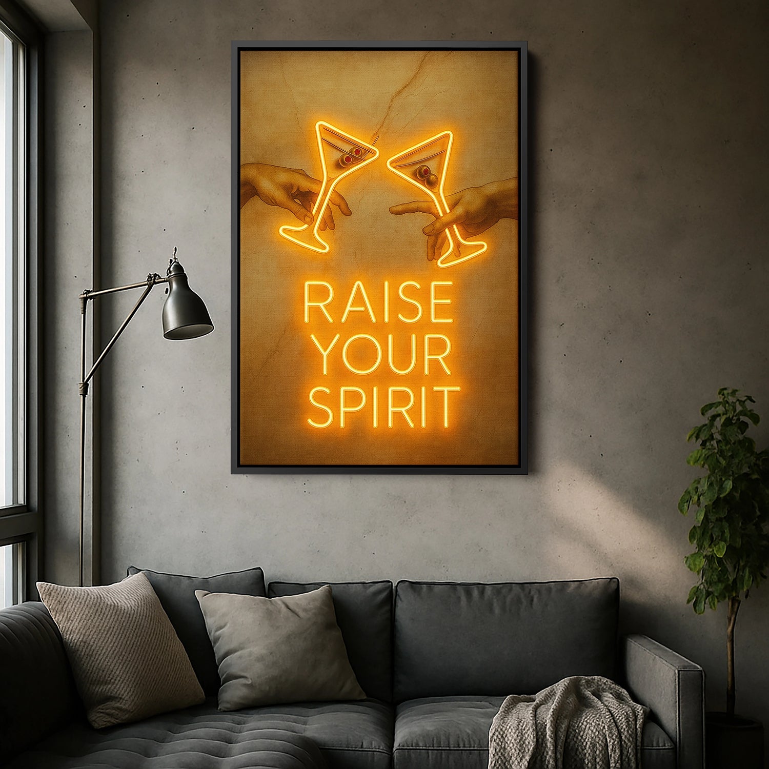 Siyah çerçeveyle derinlik kazanan “Raise Your Spirit” yazılı neon kokteyl illüstrasyonu, modern bar ve lounge stilini yansıtan şık bir kanvas tablo olarak sunulur. Parlak ışık çizgileri, koyu çerçevenin kontrastıyla daha vurgulu hale gelirken yüksek çözünürlüklü baskı sayesinde detaylar net biçimde algılanır. Salon, mutfak ve eğlence alanlarında pozitif enerji ve dinamizm yaratan bu tasarım FabricUp imzası taşır.
