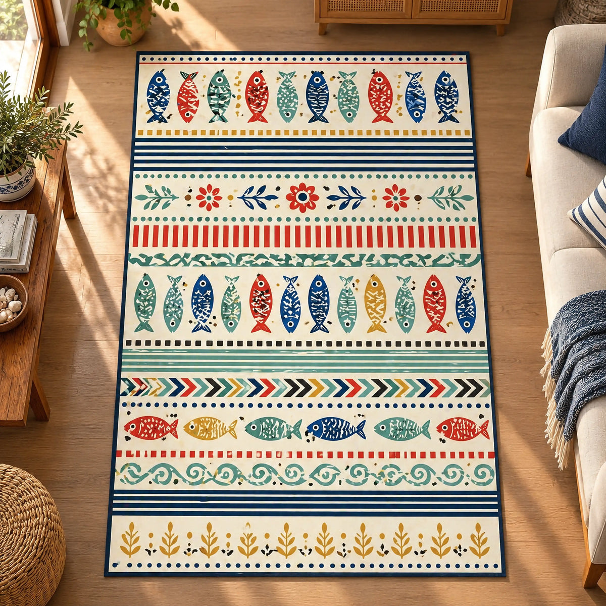 Renkli Balık Halı | Akdeniz Folk Art Desenli Şeritli Kilim – FabricUp