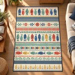 Renkli Balık Halı | Akdeniz Folk Art Desenli Şeritli Kilim – FabricUp