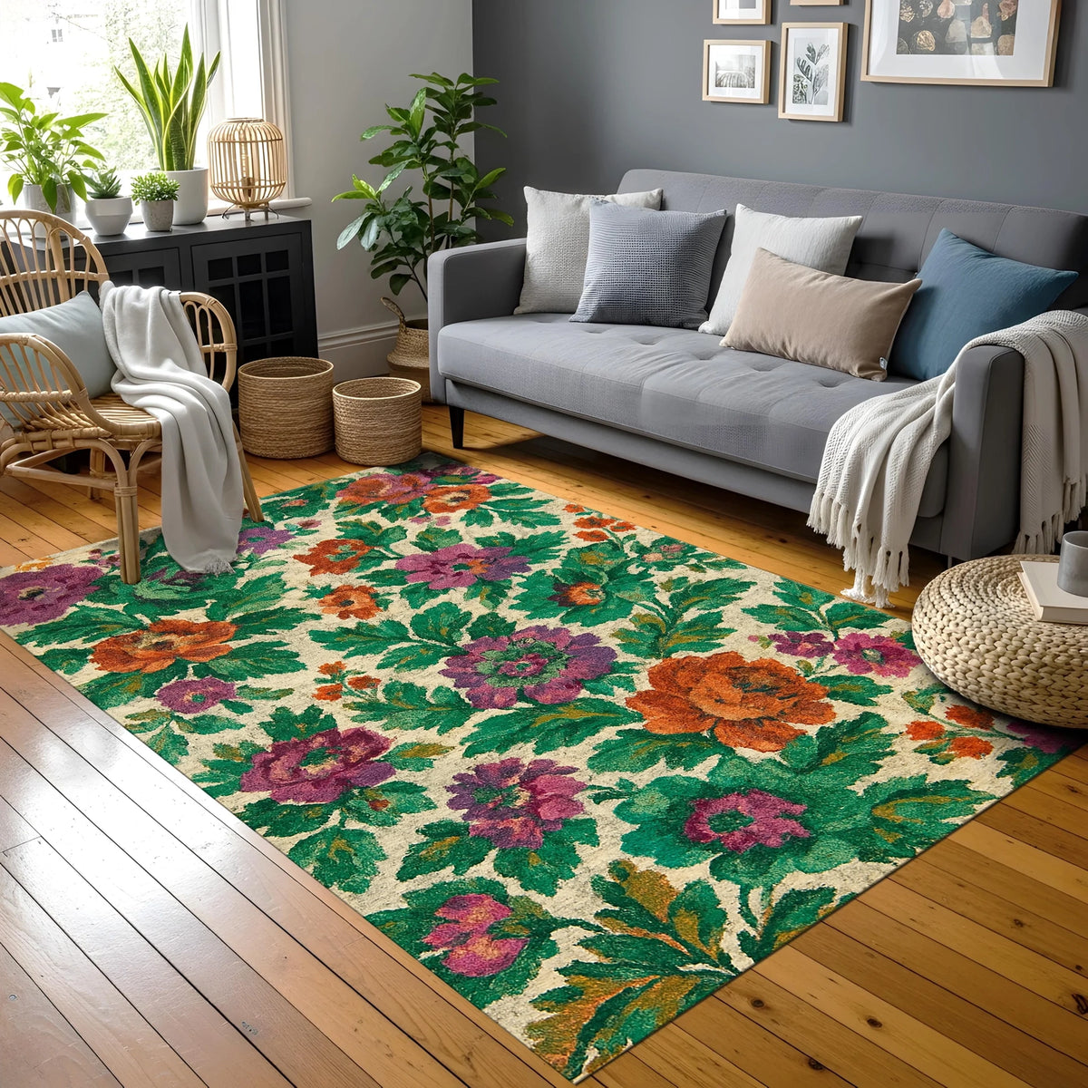 İri çiçek başları, detaylı yaprak dokuları ve canlı renk paletiyle tasarlanmış bu botanik desenli halı, retro floral stil, doğal bahçe teması, romantik iç mekan konsepti ve dekoratif sanat anlayışı için güçlü bir görsel kompozisyon oluşturur.
