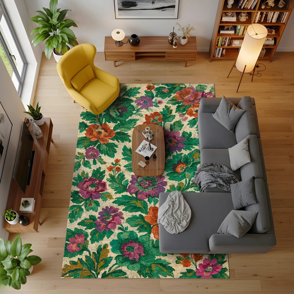 Mor, turuncu ve yeşil çiçek motifleriyle bezeli krem fonlu dijital baskı halı, klasik floral desen, vintage estetik, cottage stil ve doğal bitki temalı dekorasyon arayanlar için dikkat çekici bir zemin tasarımı sunar.
