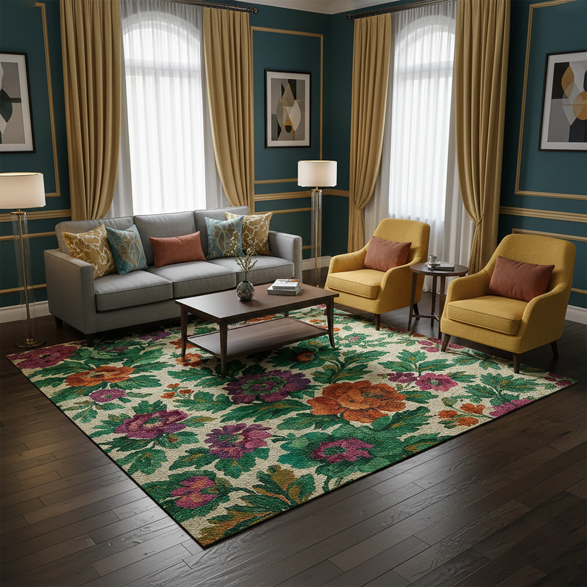 Krem zemin üzerinde mor, turuncu ve yeşil tonlarda büyük çiçek ve yaprak figürleri içeren floral desenli dijital baskı halı, botanik tema, vintage stil, romantik dekorasyon ve klasik bahçe estetiğini yansıtan zengin renkli bir tasarım sunar.
