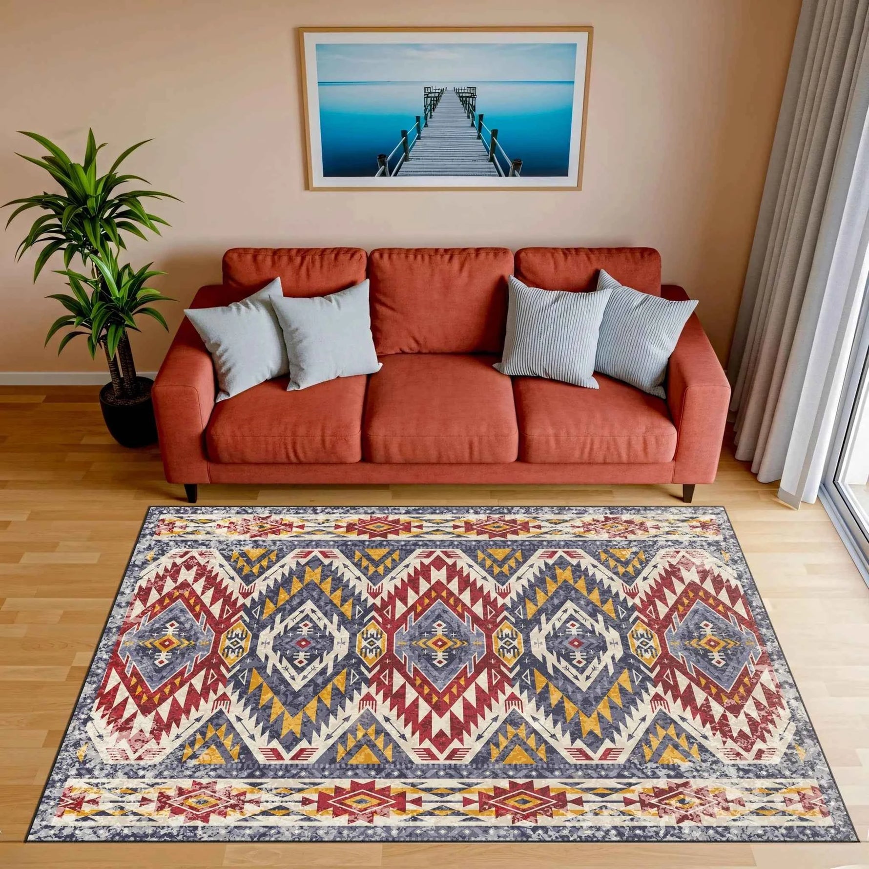 Etnik Desenli ve Geometrik Kilim Motifli Modern Halı