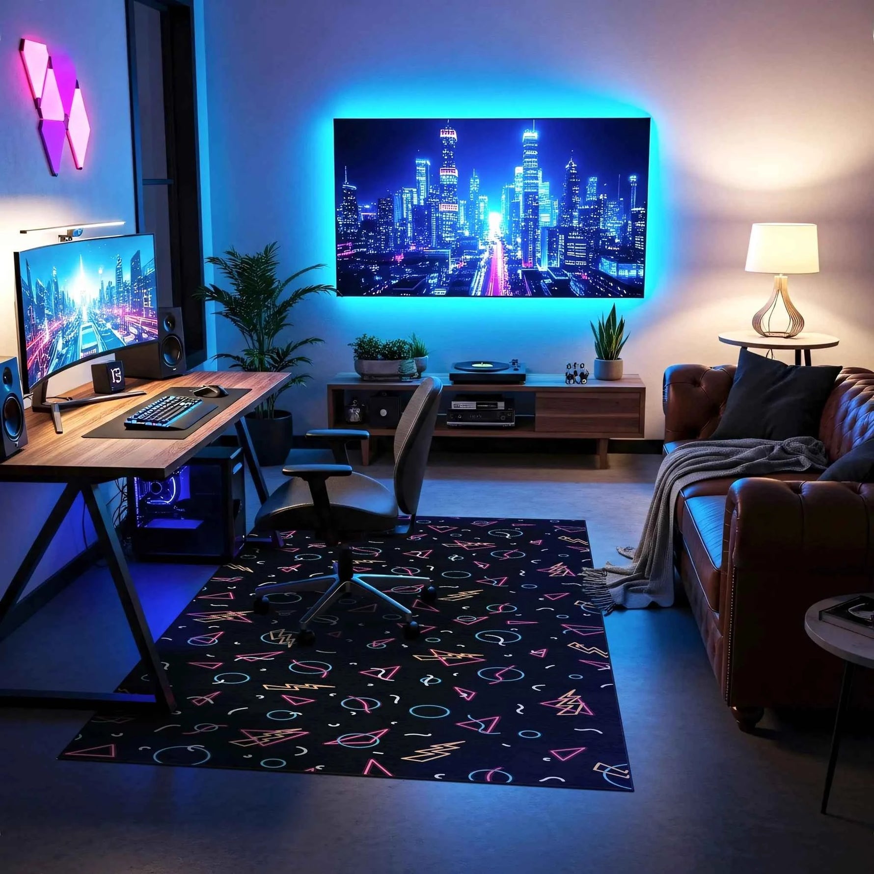 Retro Atari Simgeli ve Neon Desenli Oyuncu Halısı