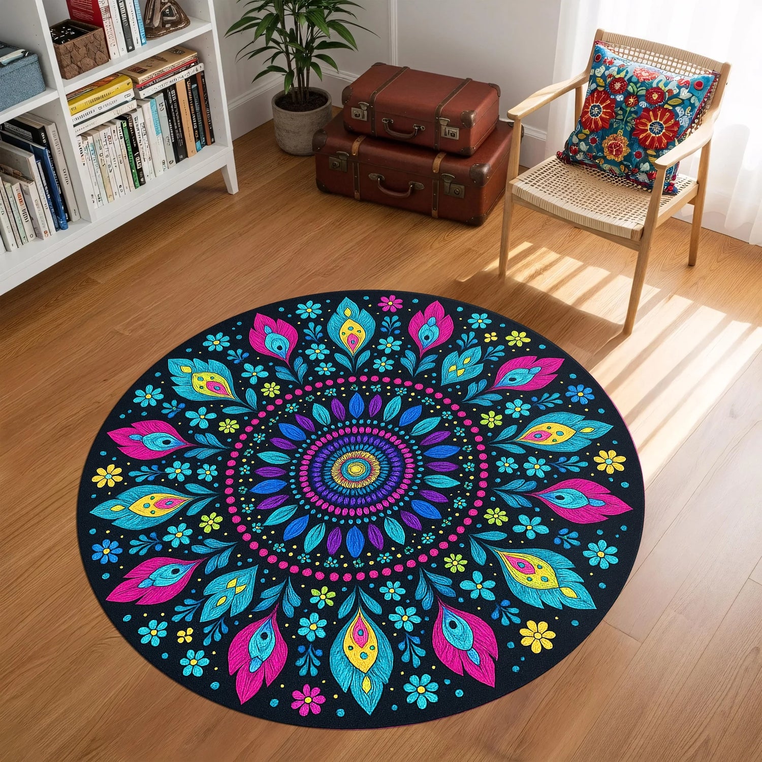 Canlı turkuaz, pembe, sarı ve mor tonlarla oluşturulmuş simetrik mandala kompozisyonuna sahip yuvarlak dijital baskı halı, merkezden dışa doğru açılan yaprak ve çiçek motifleriyle güçlü bir görsel denge sunar. Yüksek çözünürlüklü baskı sayesinde kontur çizgileri keskin, renk geçişleri doygun ve desen detayları net görünür. Salon, yatak odası, meditasyon alanı ve yoga köşelerinde kullanılabilecek bu tasarım, bohem ve spiritüel tarzı sevenler için FabricUp koleksiyonunun dikkat çeken yuvarlak halılarındandır.