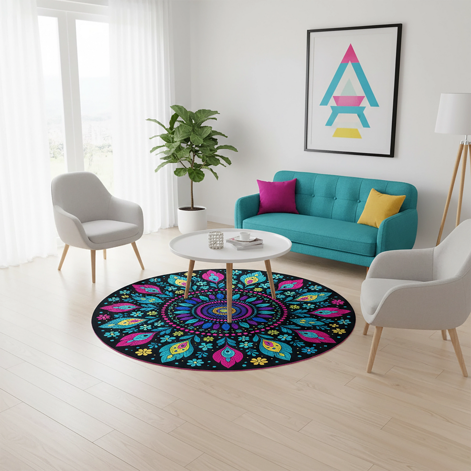 Renkli Mandala Desenli Yuvarlak Dekoratif Halı | Egzotik ve Bohem Stil Modern Salon Halısı