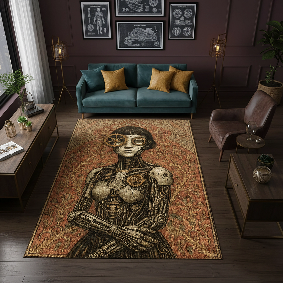 Bakır ve sepya tonlarında, steampunk stilinde kadın android figürü, mekanik detaylı yüz, göğüs ve kol parçalarıyla merkezde konumlanan sanatsal halı; etrafı simetrik floral ve arabesk desenlerle çevrili, yüksek detaylı dijital illüstrasyon kompozisyonu.
