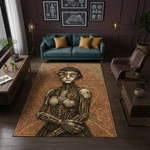 Bakır ve sepya tonlarında, steampunk stilinde kadın android figürü, mekanik detaylı yüz, göğüs ve kol parçalarıyla merkezde konumlanan sanatsal halı; etrafı simetrik floral ve arabesk desenlerle çevrili, yüksek detaylı dijital illüstrasyon kompozisyonu.
