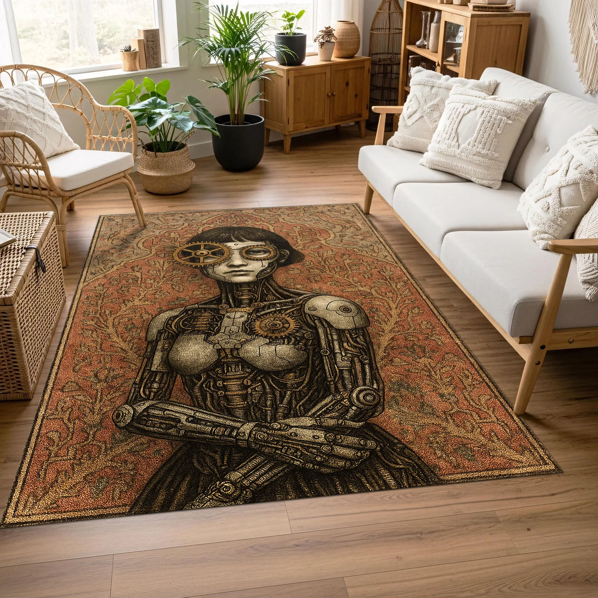 Ortada dişliler, metal eklemler ve gözlük detaylarıyla betimlenmiş robot kadın portresi bulunan, arka planda vintage bitkisel motiflerle süslenmiş dekoratif halı; retro-fütüristik steampunk estetiği ve zengin desen yoğunluğu.
