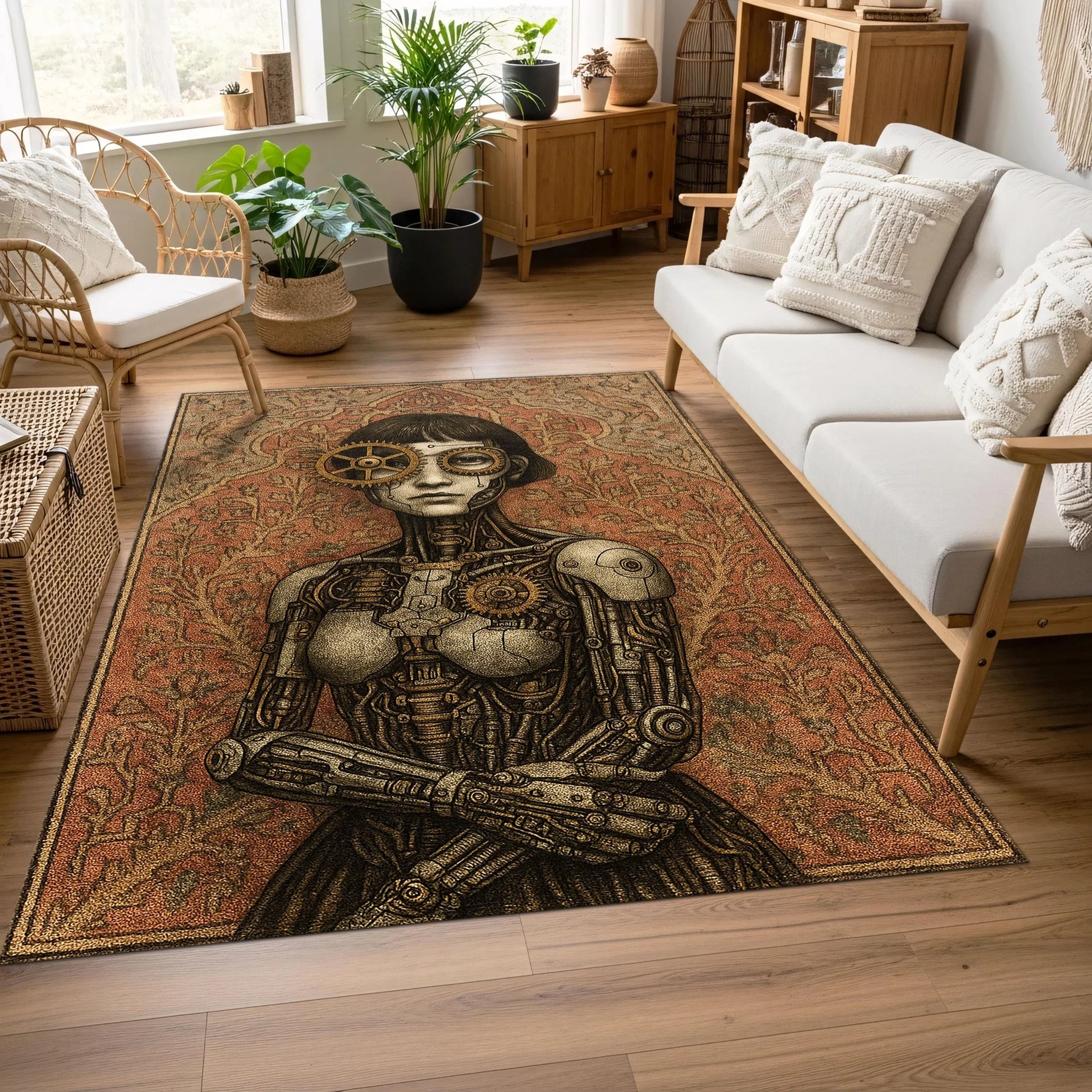Ortada dişliler, metal eklemler ve gözlük detaylarıyla betimlenmiş robot kadın portresi bulunan, arka planda vintage bitkisel motiflerle süslenmiş dekoratif halı; retro-fütüristik steampunk estetiği ve zengin desen yoğunluğu.
