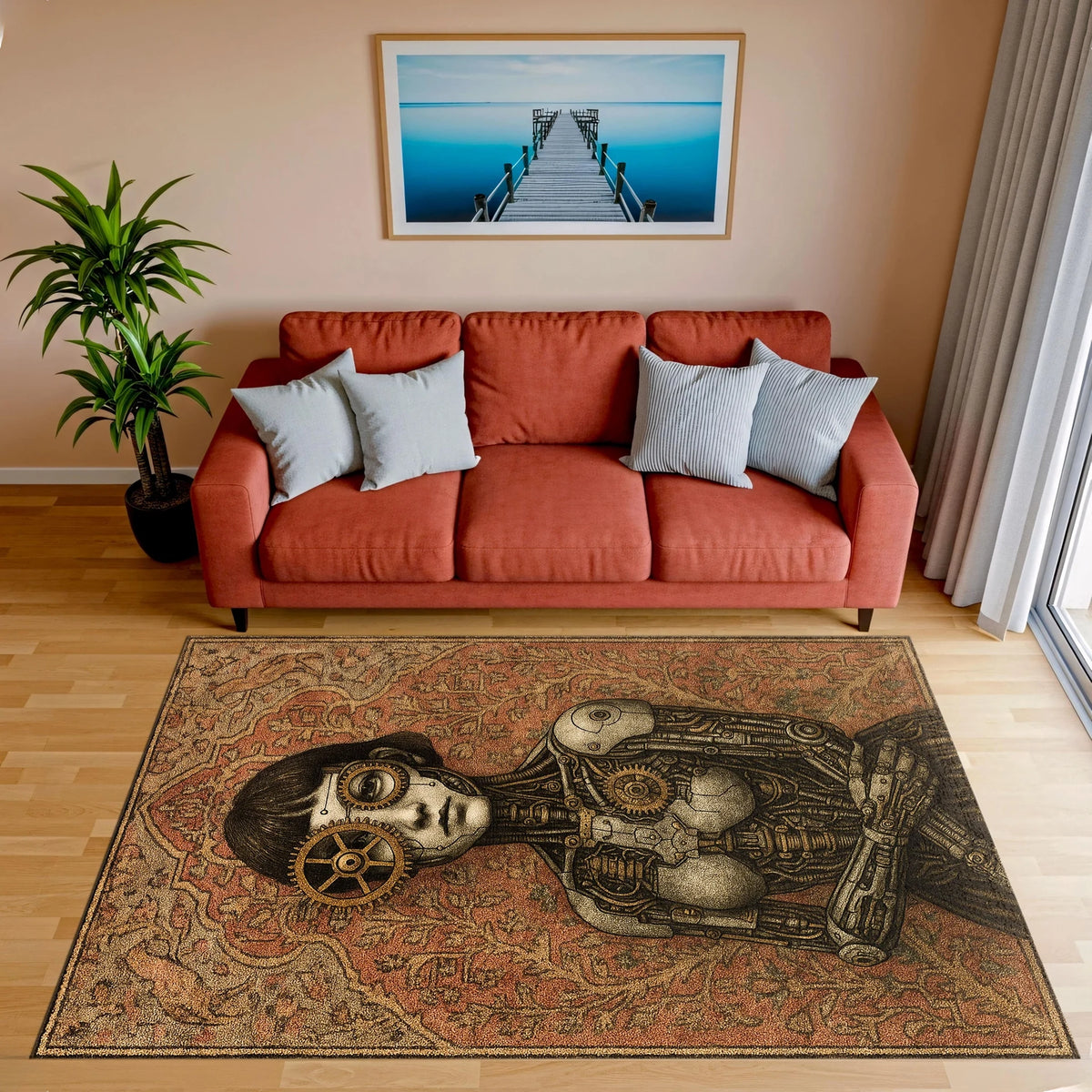 Mekanik gövde yapısı, kablo ve dişli formlarıyla tasarlanmış humanoid figürün merkezde yer aldığı, çevresi sıcak tonlu oriental bordürlerle çerçevelenmiş sanatsal halı; endüstriyel ve klasik motiflerin birleşimi.
