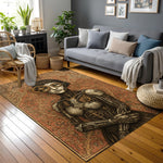 Steampunk temalı, metalik dokulu kadın android silueti, simetrik yerleşimli floral desen zemin ve detaylı çerçeve bordürüyle tasarlanmış özgün halı; retro bilim kurgu, vintage illüstrasyon ve oriental süsleme sentezi.
