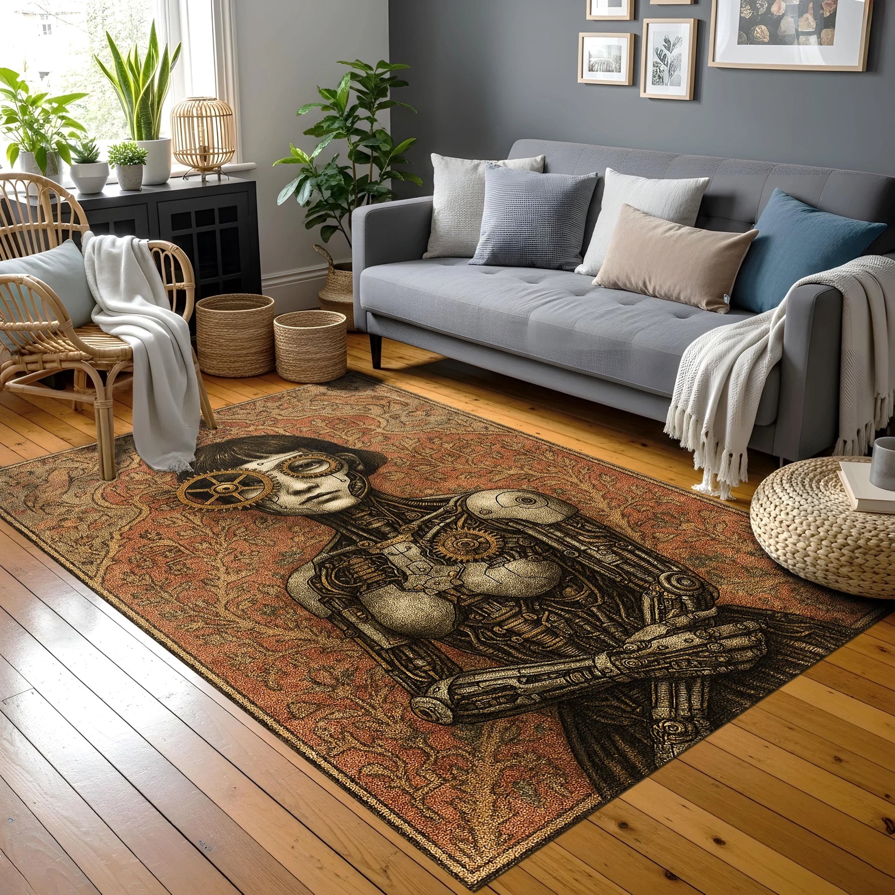 Steampunk temalı, metalik dokulu kadın android silueti, simetrik yerleşimli floral desen zemin ve detaylı çerçeve bordürüyle tasarlanmış özgün halı; retro bilim kurgu, vintage illüstrasyon ve oriental süsleme sentezi.
