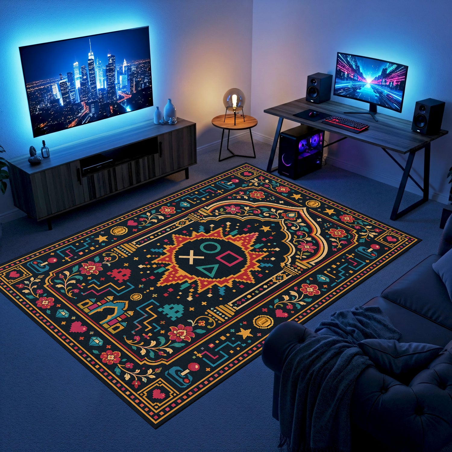 Retro Floral Gaming Halısı | Pixel Semboller Geleneksel Desen Siyah