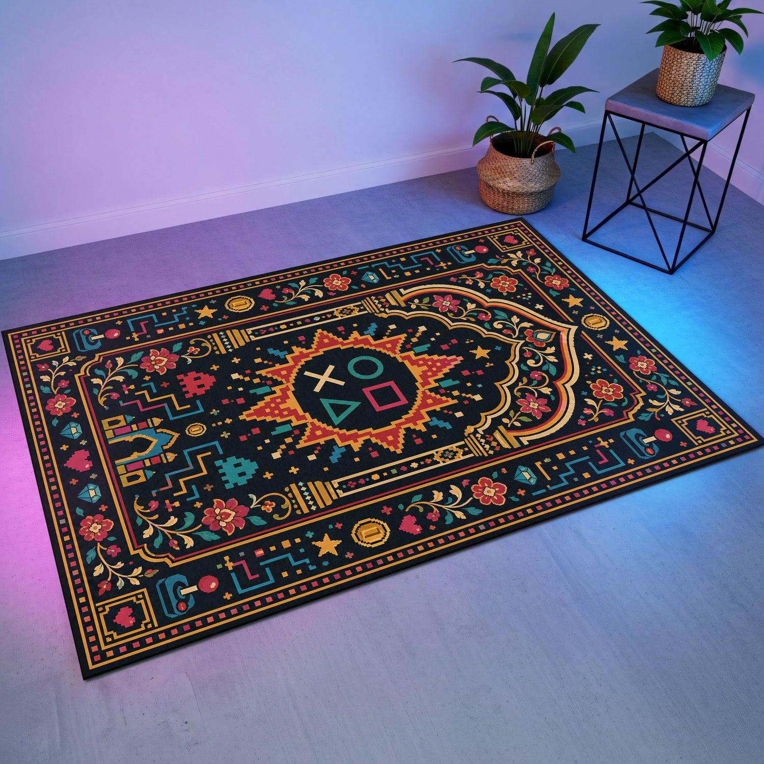 Retro Floral Gaming Halısı | Pixel Semboller Geleneksel Desen Siyah