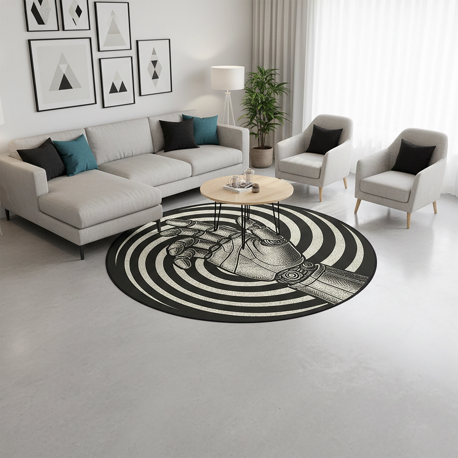 Robotik El ve Spiral Desenli Yuvarlak Dekoratif Halı | Fütüristik Siyah Beyaz Modern Halı