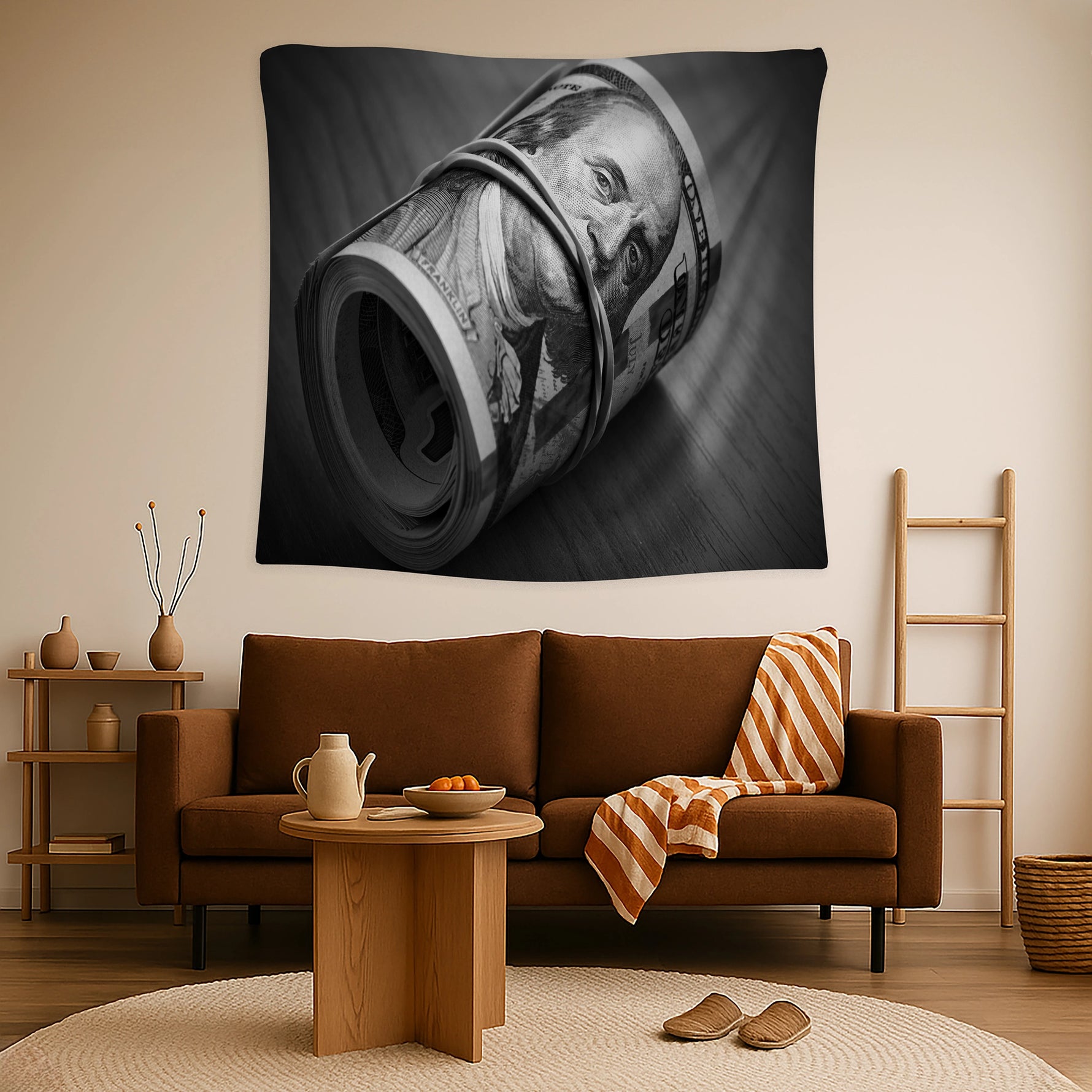 Minimal siyah beyaz estetikte hazırlanan dolar temalı FabricUp duvar örtüsü, para ve yatırım konseptiyle modern mekânlara sofistike bir atmosfer kazandırır. Dijital baskı teknolojisi ince çizgileri keskinleştirir, uzun süre kalıcı dekoratif kullanım sağlar.