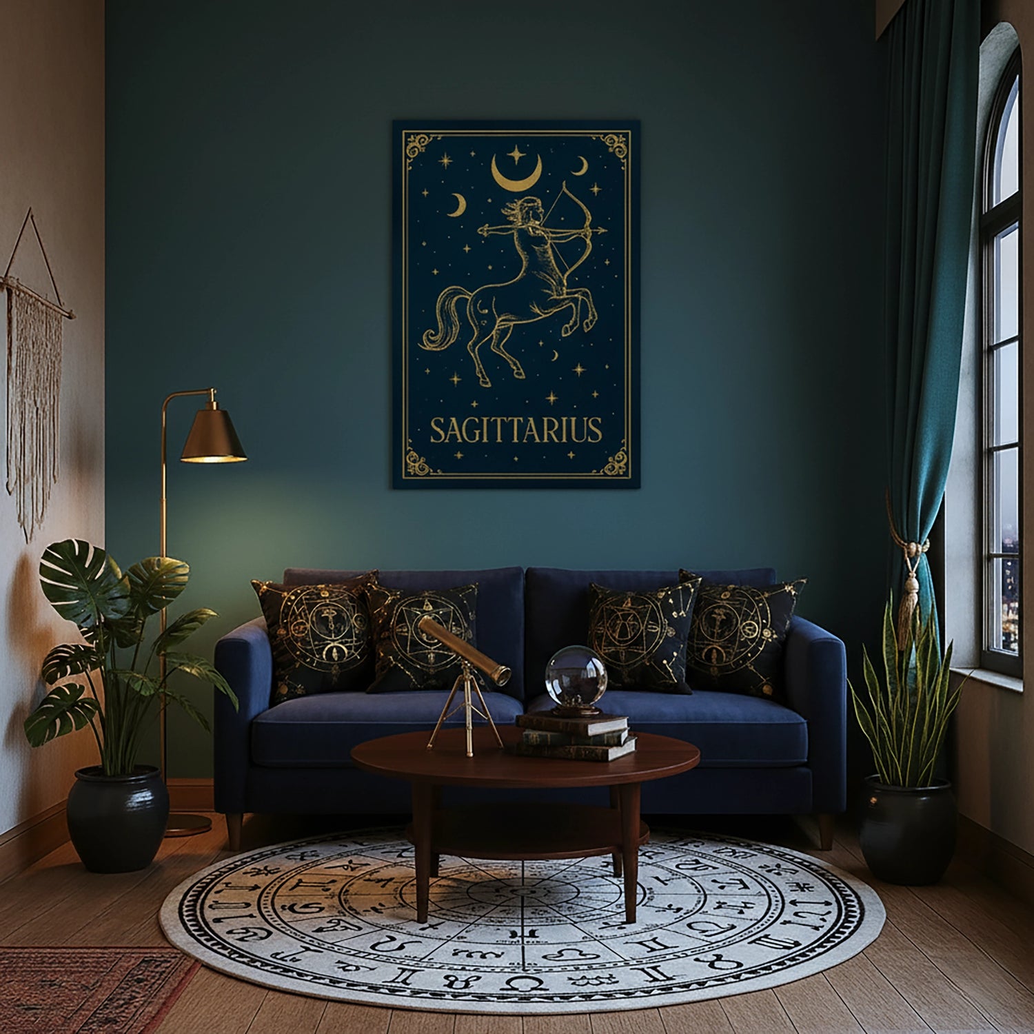 Çerçevesiz kanvas tablo olarak tasarlanan bu Sagittarius burcu duvar dekoru, siyah zemin üzerinde altın okçu centaur figürü, ay ve yıldız motifleriyle mistik ve dinamik bir atmosfer sunar. Astroloji temalı modern dekorasyonlar için yüksek çözünürlüklü FabricUp dijital baskı sanat eseridir.