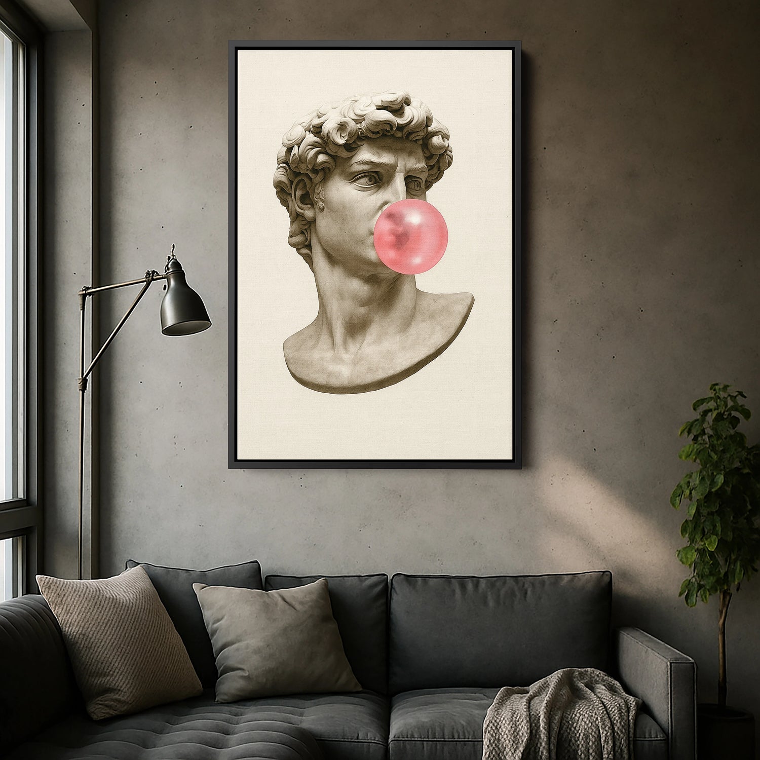 Siyah çerçeveli kanvas tablo, antik heykel portresini eğlenceli sakız balonu efektiyle buluşturarak kontrast ve dikkat çekici bir duvar dekoru oluşturur. FabricUp dijital baskı ile üretilen yüksek çözünürlüklü kanvas baskı, modern ve şık mekânlar için dekoratif çözüm sunar.