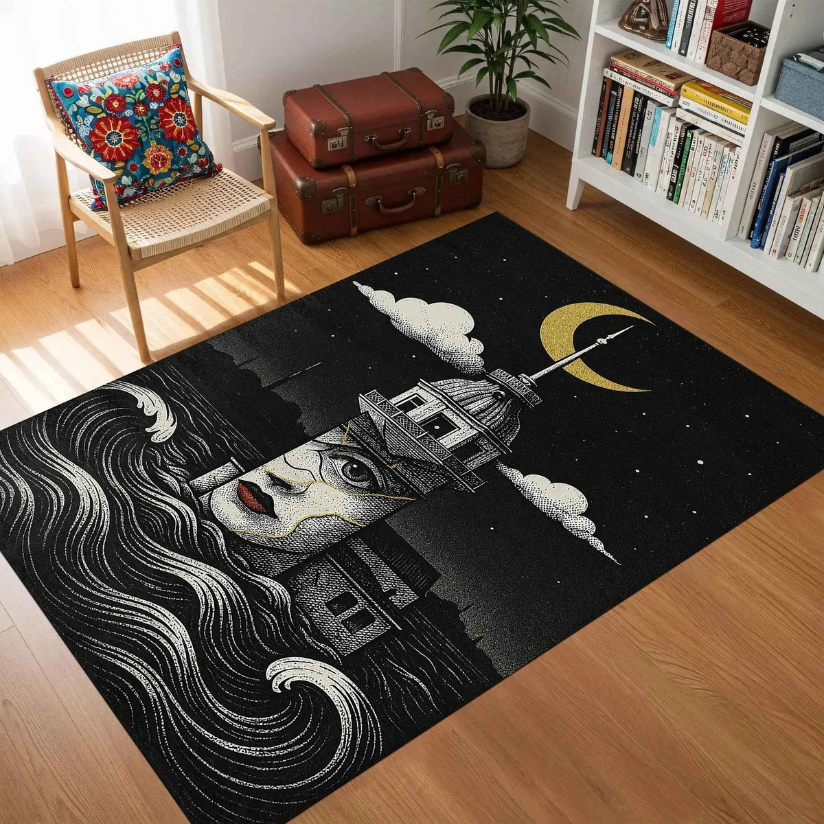 Kız Kulesi ve Portre Desenli Siyah Artistik Salon Halısı