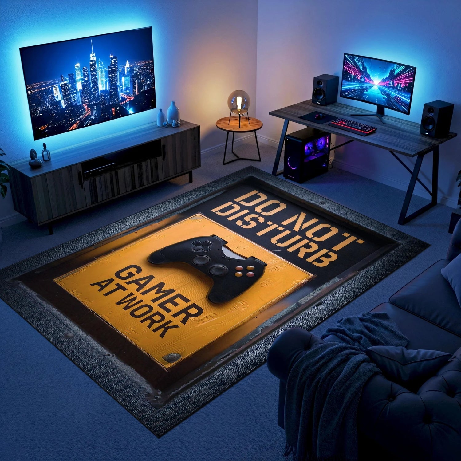 Sarı metal levha efekti üzerine yerleştirilmiş siyah oyun kolu grafiği ve “Gamer at Work” mesajıyla hazırlanan dijital baskı halı, koyu çerçeve ve güçlü tipografiyle dikkat çekici bir kontrast oluşturur. Dijital baskı kalitesinin yüksekliği sayesinde yazı dokuları, kontur çizgileri ve yüzey detayları keskin ve canlı görünür. Oyun odası, çalışma alanı, genç yaşam alanları ve stüdyo kullanımı için uygun olan bu tasarım, teknoloji ve pop kültür temasını yansıtan FabricUp imzalı özgün bir halıdır.
