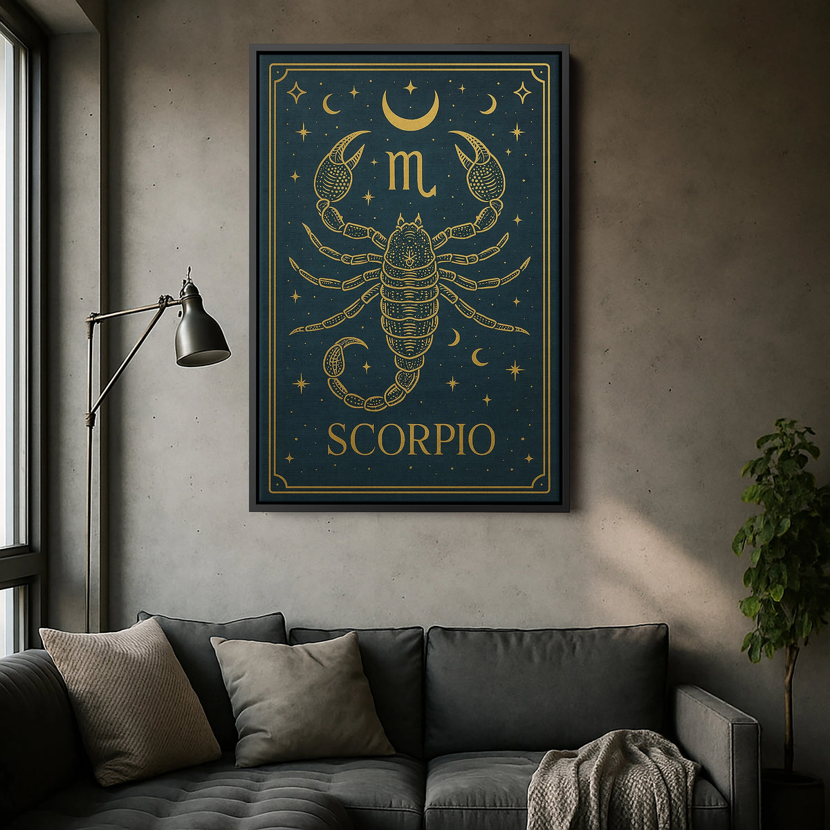 Çerçevesiz kanvas tablo olarak tasarlanan bu Scorpio burcu duvar dekoru, siyah zemin üzerinde altın akrep figürü, ay ve yıldız sembolleriyle gizemli ve güçlü bir atmosfer sunar. Astroloji temalı modern dekorasyonlar için yüksek çözünürlüklü FabricUp dijital baskı sanat eseridir.