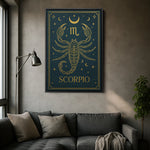 Çerçevesiz kanvas tablo olarak tasarlanan bu Scorpio burcu duvar dekoru, siyah zemin üzerinde altın akrep figürü, ay ve yıldız sembolleriyle gizemli ve güçlü bir atmosfer sunar. Astroloji temalı modern dekorasyonlar için yüksek çözünürlüklü FabricUp dijital baskı sanat eseridir.