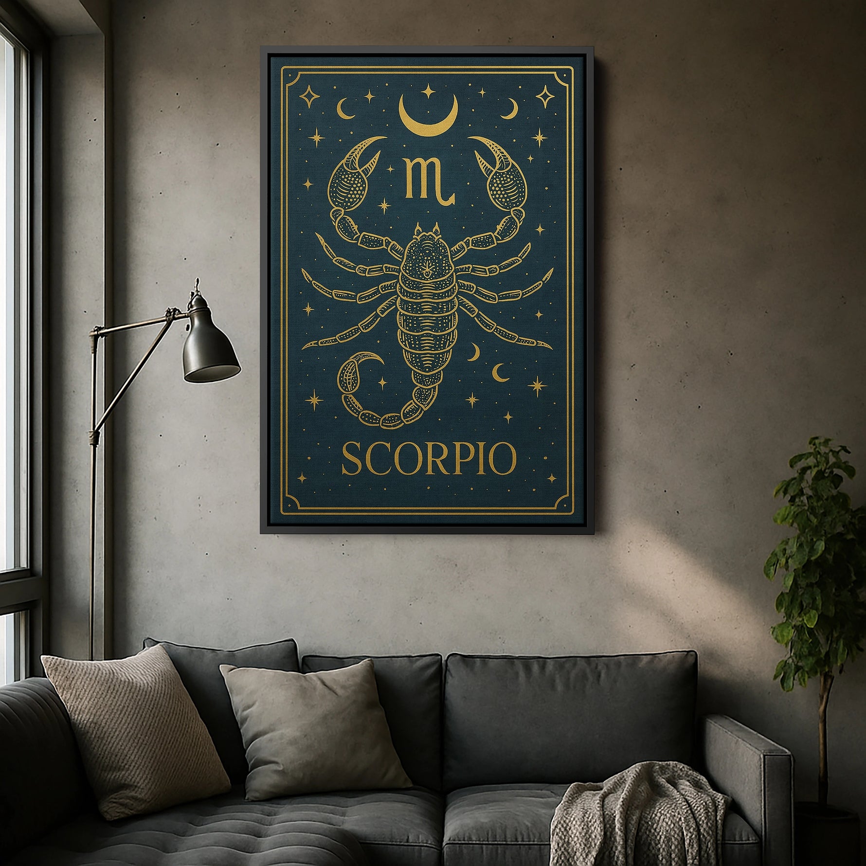 Çerçevesiz kanvas tablo olarak tasarlanan bu Scorpio burcu duvar dekoru, siyah zemin üzerinde altın akrep figürü, ay ve yıldız sembolleriyle gizemli ve güçlü bir atmosfer sunar. Astroloji temalı modern dekorasyonlar için yüksek çözünürlüklü FabricUp dijital baskı sanat eseridir.