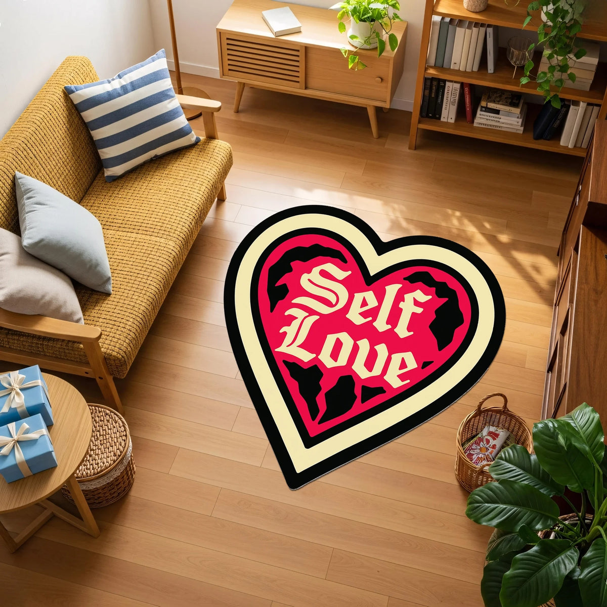 Kalp formu içinde “Self Love” tipografisiyle tasarlanmış bu halı, aşk teması, pozitif mesaj, pop art stil, retro yazı karakteri ve güçlü kontrastlı kırmızı siyah renk paletiyle modern, motivasyonel ve duygusal dekorasyon için dikkat çekici bir tasarım sunar.
