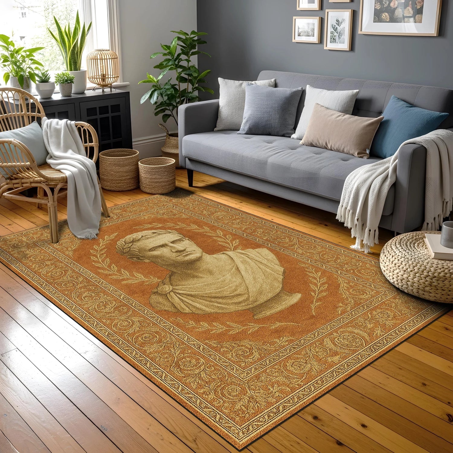 Merkez alanında antik heykel estetiğiyle betimlenmiş erkek portresi yer alan altın kahve tonlu sanatsal halı; taş heykel dokusunu andıran yüz ifadesi, çevresinde defne dalı çelengi, ince işlenmiş floral ve geometrik bordür kompozisyonu.